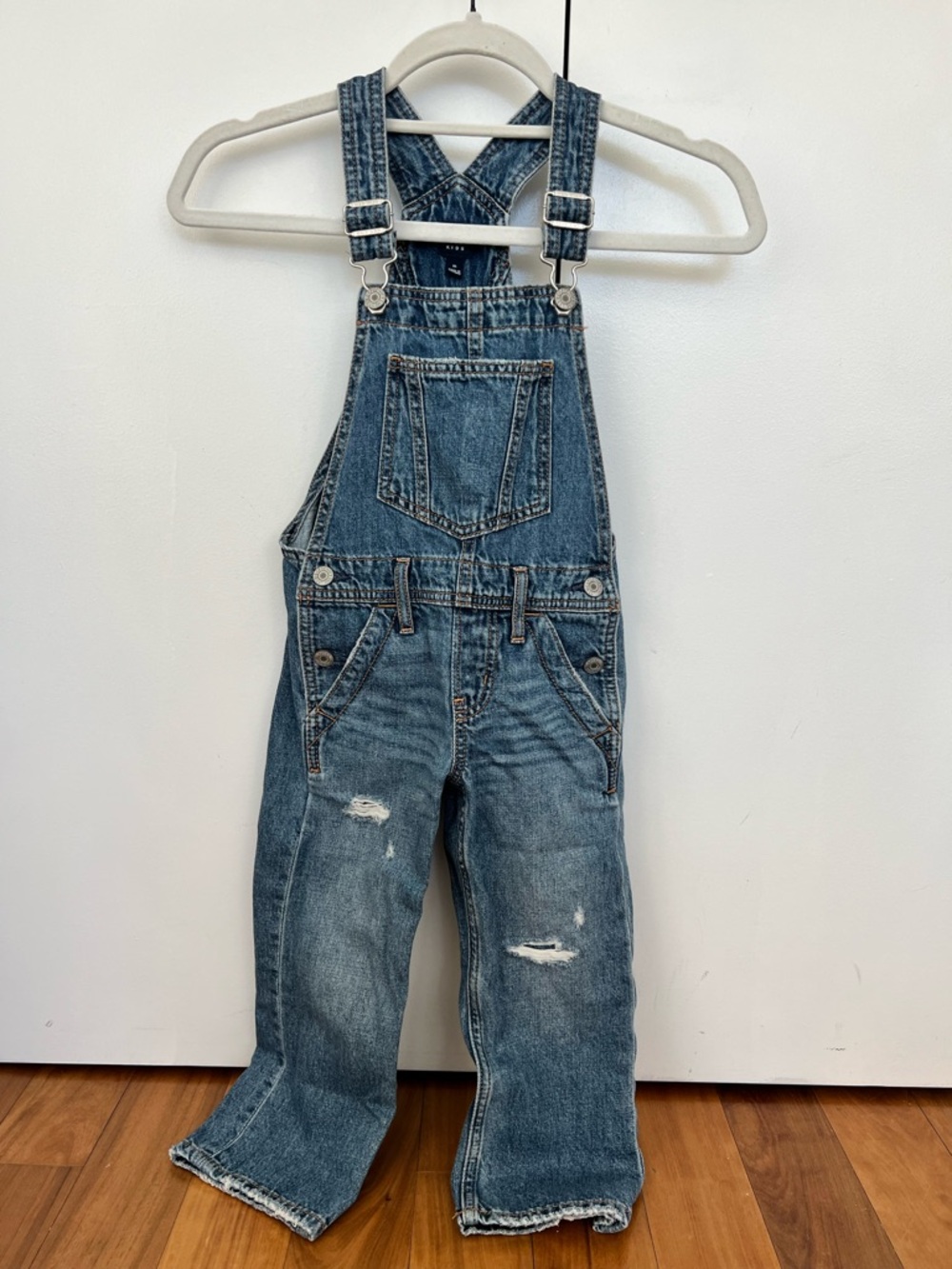 GAP Kids Distressed Blue Denim Overalls, Size XS